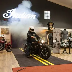 Indian Scout Bobber Launch burnout indoor Alba Customs
